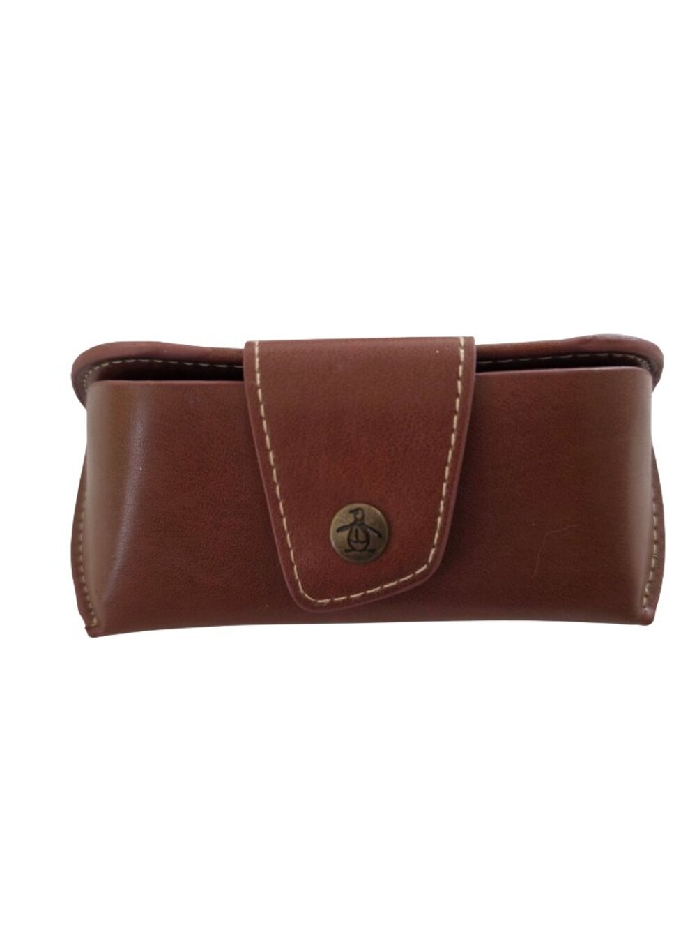 NOS Original Penguin Brown Leather Eyeglass Case Blue Lined Snap Closure